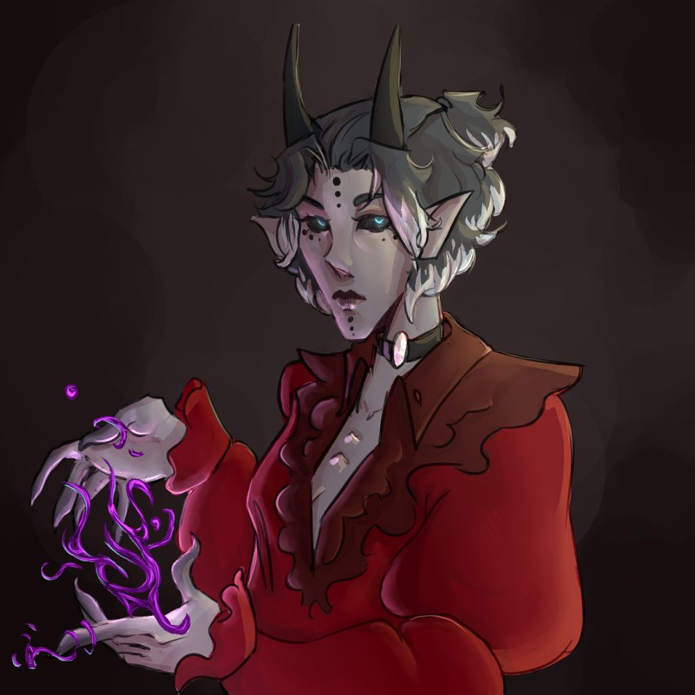 A portrait of a tiefling woman with gray skin. She is holding purple magic between her hands