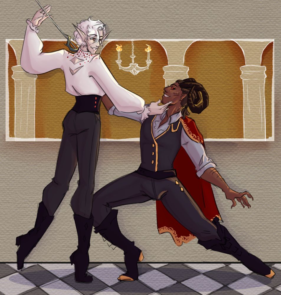 A drawing of Astarion and Wyll from Baldur's Gate three dancing together