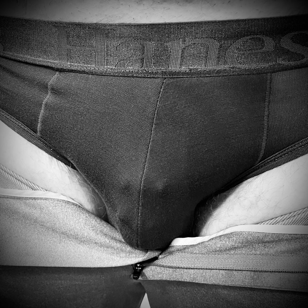 Monochrome photo of dark briefs with an embossed Hanes logo on the waistband. The outline of a cock cage is visible in the pouch of the briefs, which are sitting over the unzipped/unbuttoned fly of light shorts.