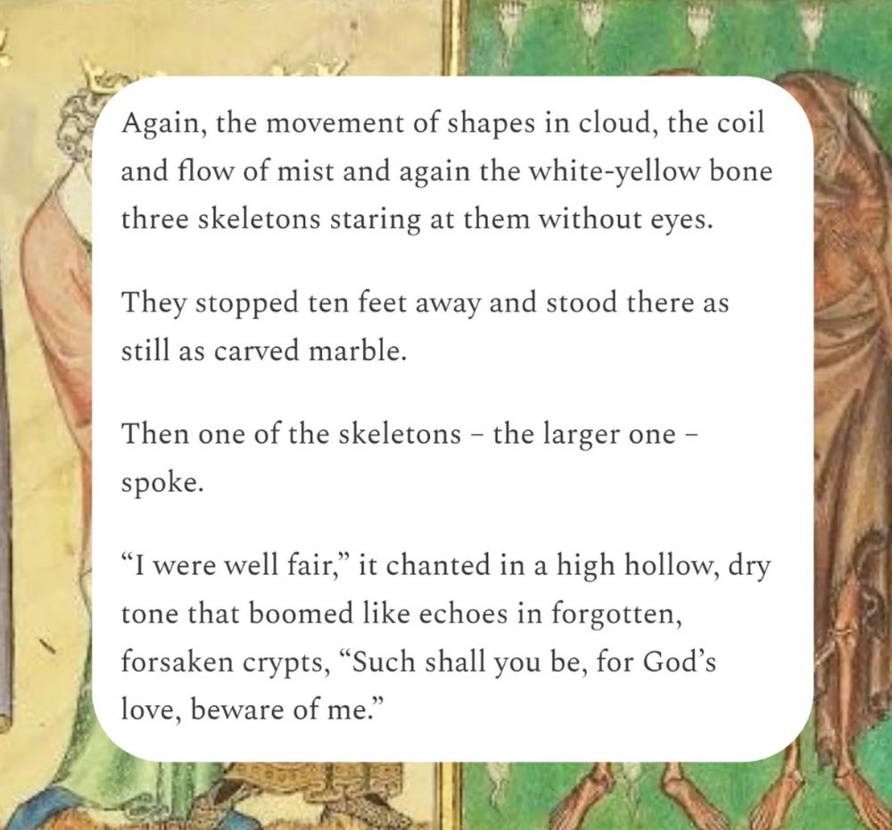 Screenshot of text from the linked story overlaid on a medieval illustration of the three living and the three dead. 