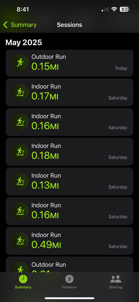 Apple Fitness app showing a list of short running sessions