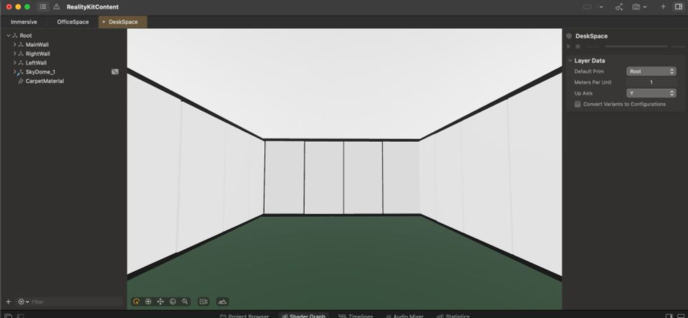 A draft 3D scene built in Reality Composer Pro showing a minimal, white-walled office with a green carpet and black trim. The symmetrical, windowless room evokes the eerie, sterile atmosphere of the Severance office.