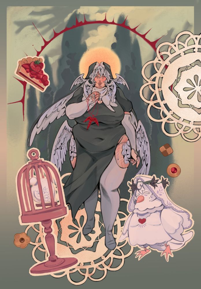 fullbody and fullcolored illustration commission, character is rina by @yuzepi , she is posing with a green-ish background, tall trees are behind her and a round halo is behind her head, little elements are floating around: a strawberry tart, a bird cage, cookies and an animal crossing villager version of rina, using the chicken model as inspiration but make it pigeon !