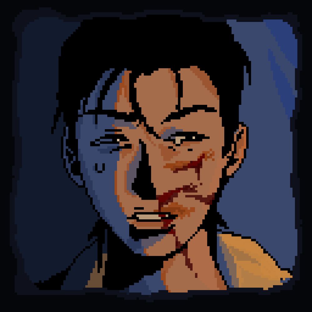 pixel bust up portrait of original character casio, a light is pointing at him from the right, he has a worried and scared expression on his face, one of his eyes is tearing up, he has blood and a few wounds