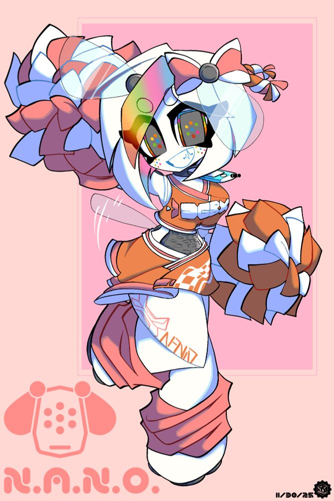 Colored art of NANO in a cheerleader uniform in the main 2 colors of Dogbox holding two pom poms and wagging her tail. 
