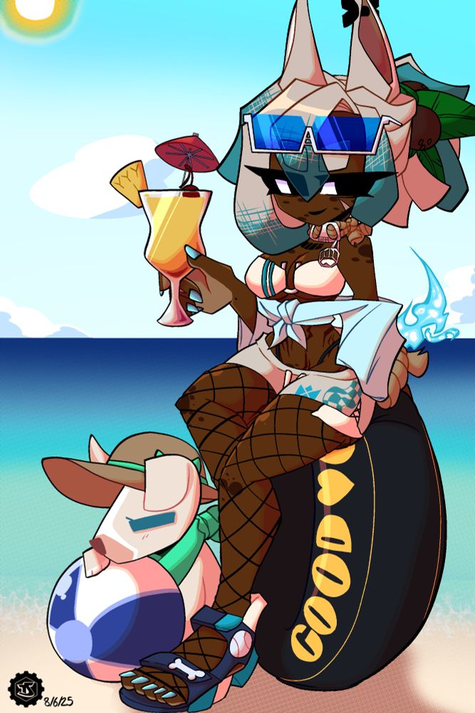 Drawn art of Diesel resting against a pool tube resembling a tire and holding a Pina Colada with a Pit Crew dog resting on a blue beach ball at her feet on the coast of a beach. 