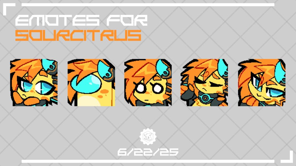 A batch of 5 emotes featuring Citrus thinking, as an Among Us Crewmate, a blank stare, a shrug, and a smug look. 