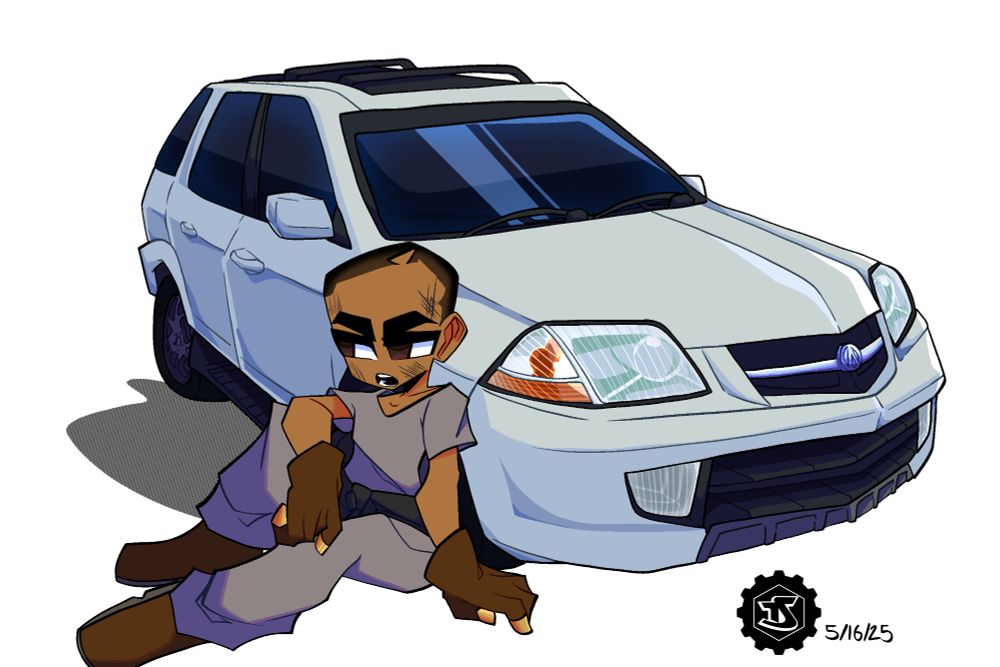 Art drawn of Jims in his mechanic uniform resting next to his Acura SUV.