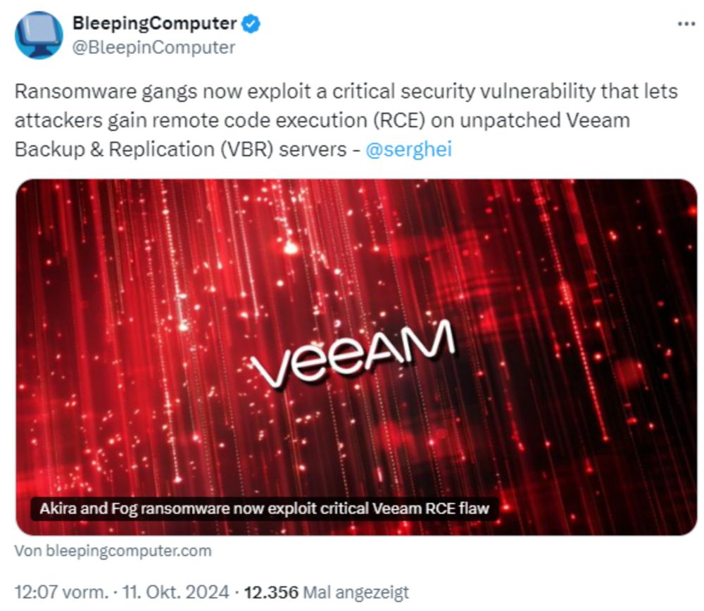 Ransomware-Gruppen Akira und Fog zielen auf ungepatchte Veeam RCE-Schwachstelle