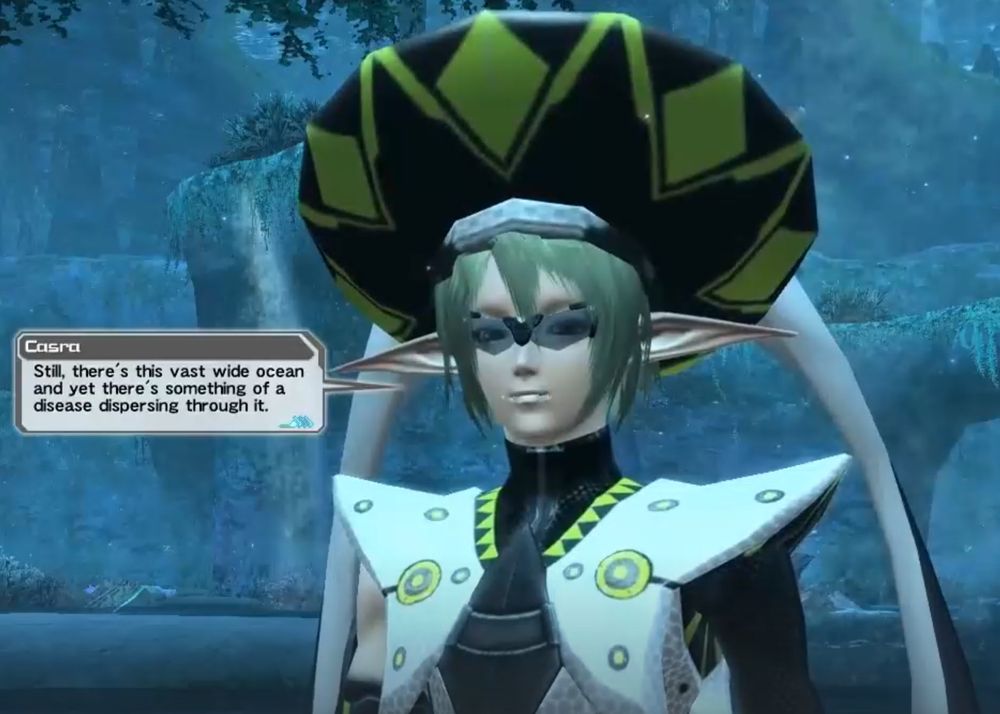 Screenshot of Casra at the Seabed, talking to the protagonist.

Casra
Still, there's this vast wide ocean and yet there's something of a disease dispersing through it.