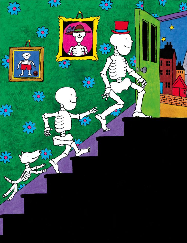 three of the funnybones family heading up the stairs to go for a walk outside in the night
