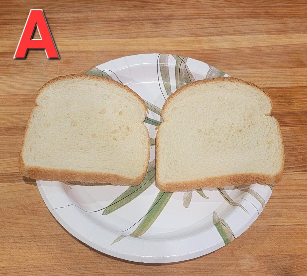 Two slices of bread sitting side by side on a paper plate