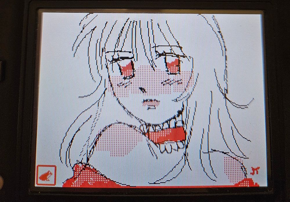 A white-haired, red-eyed anime girl sketch done in Flipnote Studio for the Nintendo DSi. She is wearing a red choker and a red, off the shoulder top.