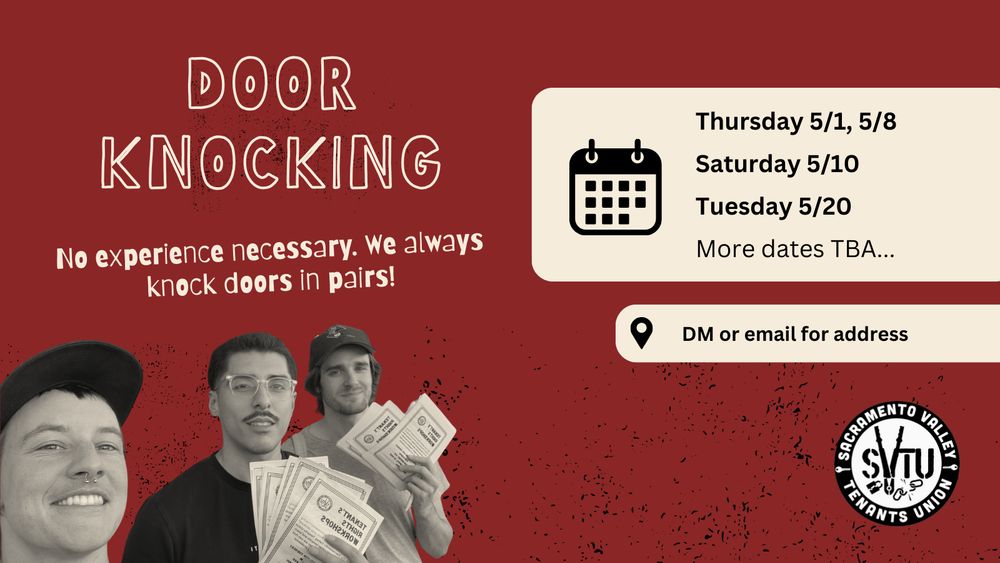 A graphic inviting people to knock doors with the union on 5/8, 5/10, and 5/20.