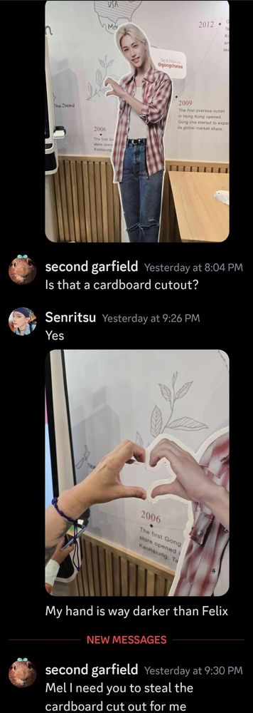 A photo of a cardboard cutout of Lee Felix from the Gong cha in a chat I sent to my cousin.
Second Garfield: is that a cardboard cutout? 
Me: yes 
A close-up of my hand completing the hand heart with cardboard Felix
Me: my hand is darker than Felix
Second Garfield: Mel I need you to steal the cardboard cut out for me