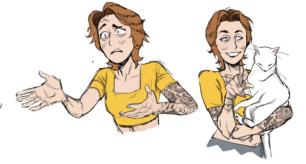 2 self portraits, one bewildered, the other holding ghost the cat