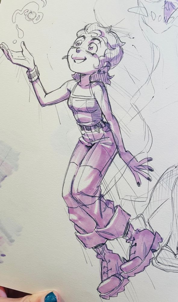 A sketch in ballpoint pen shaded with purple marker of post-finale Luz floating and looking at a magical scribble. 