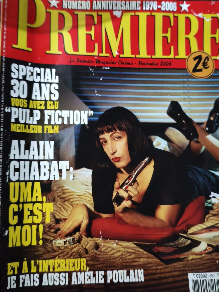 Magazine Première, numéro anniversaire de novembre 2006, représentant Alain Chabat qui parodie l'affiche Pulp Fiction, déguisé en Uma Turman 