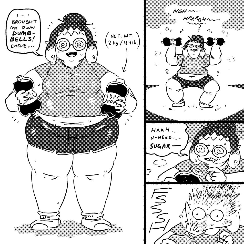 IN*'NIS: "i- i brought my own DUMBBELLS! ehehe..."
----
IN*'NIS: *NGH... HRRRGH...*
----
IN*'NIS: "haah... n-need... SUGAR—"
----
DR. OOPSIE BOTTLE: *FSSSH*
