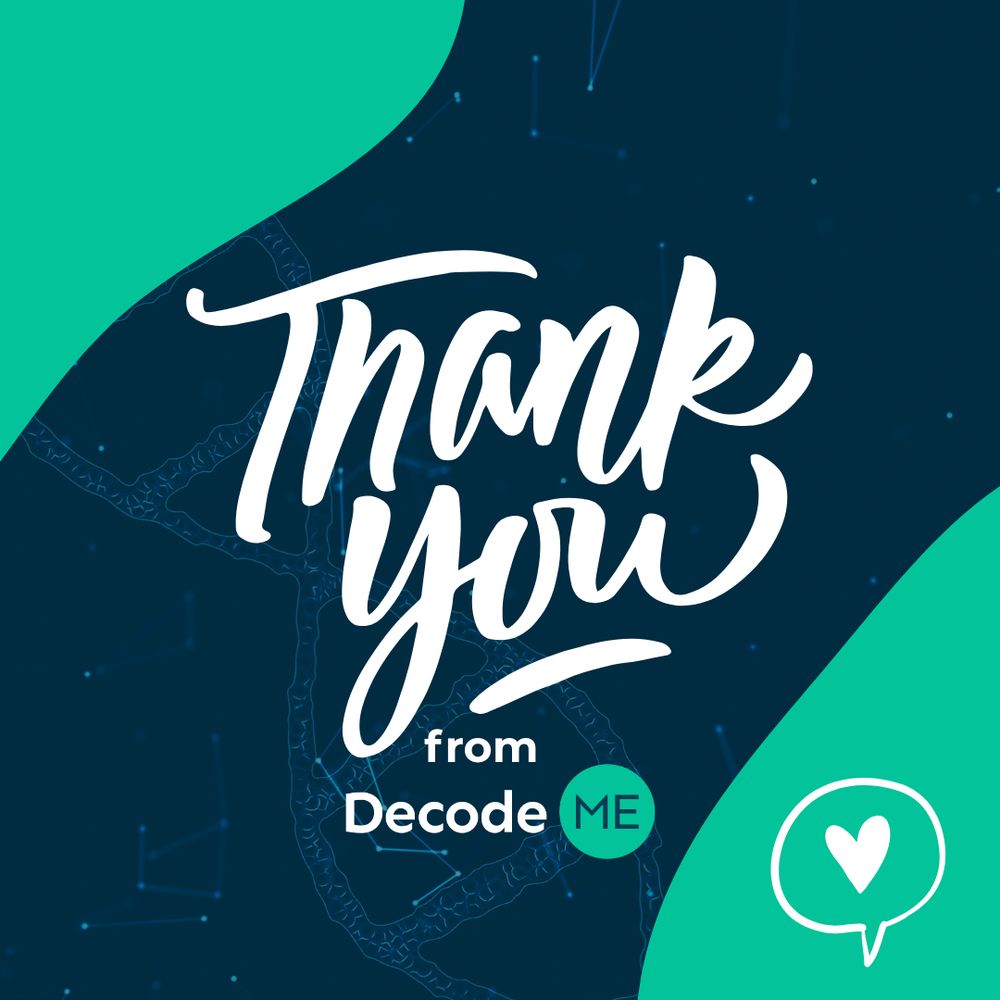 DecodeME graphic. In the centre it says 'Thank you' in white cursive writing and beneath it 'from DecodeME'.