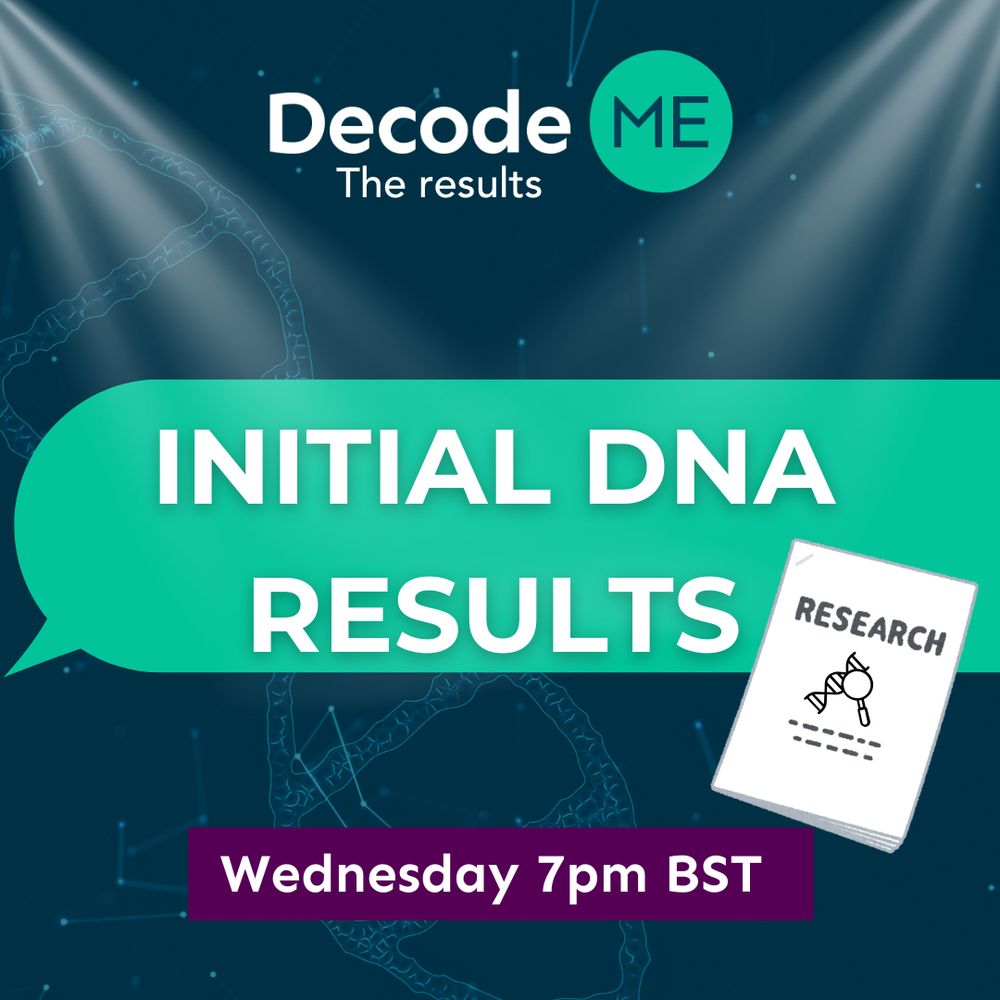 Dark blue background with image of DNA helix. At the top of the DecodeME ‘the results’ logo. Two spotlights shine on a speech bubble that says ‘Initial DNA results’. To the right of this is an image of a research paper. At the bottom of the graphic it says ‘Wednesday 7pm BST’. 