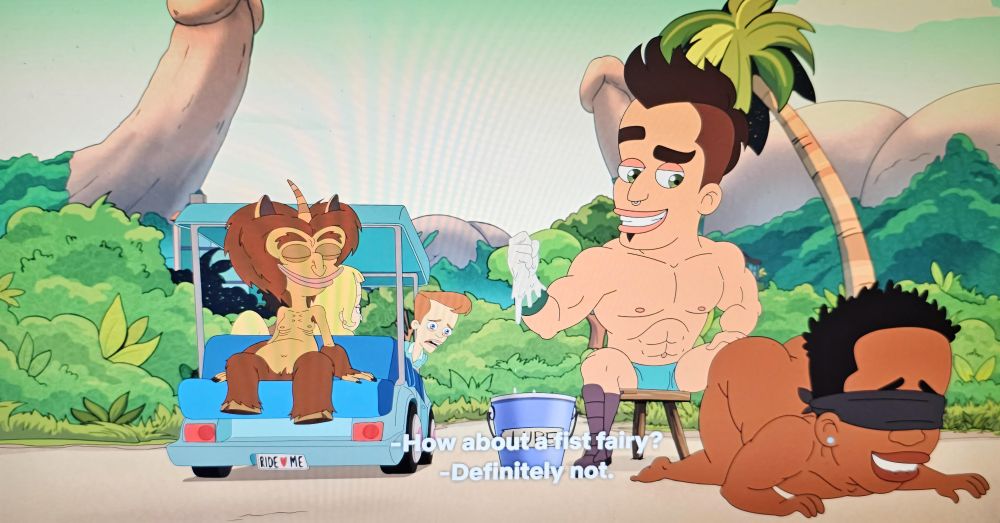 Screenshot from an episode of Netflix's Big Mouth featuring a fisting scene about to begin