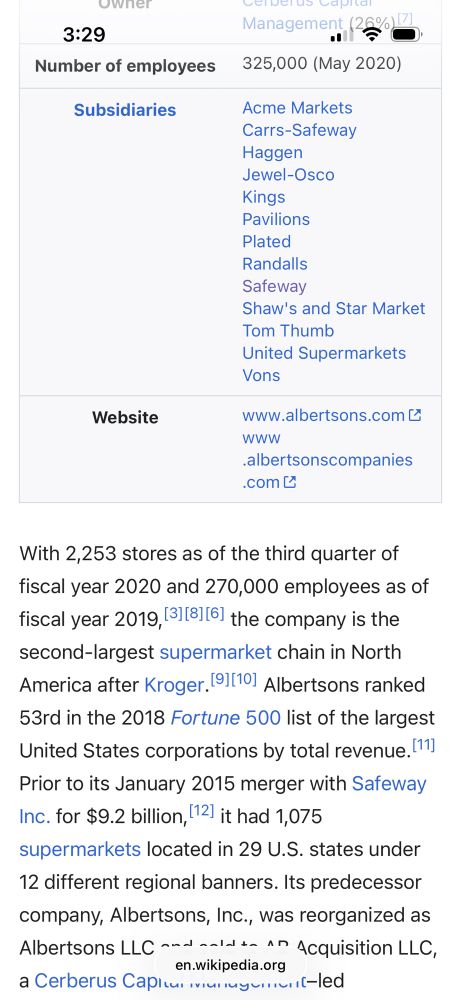 Albertsons Subsidiaries

Acme Markets
Carrs-Safeway
Haggen
Jewel-Osco
Kings
Pavilions
Plated
Randalls Safeway
Shaw's and Star Market
Tom Thumb
United Supermarkets
Vons