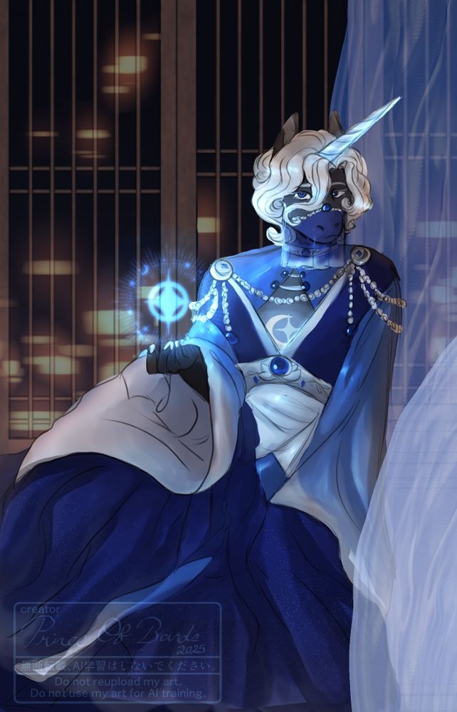 An anthro unicorn in a c-drama hanfu and veil. Heavy fantasy take