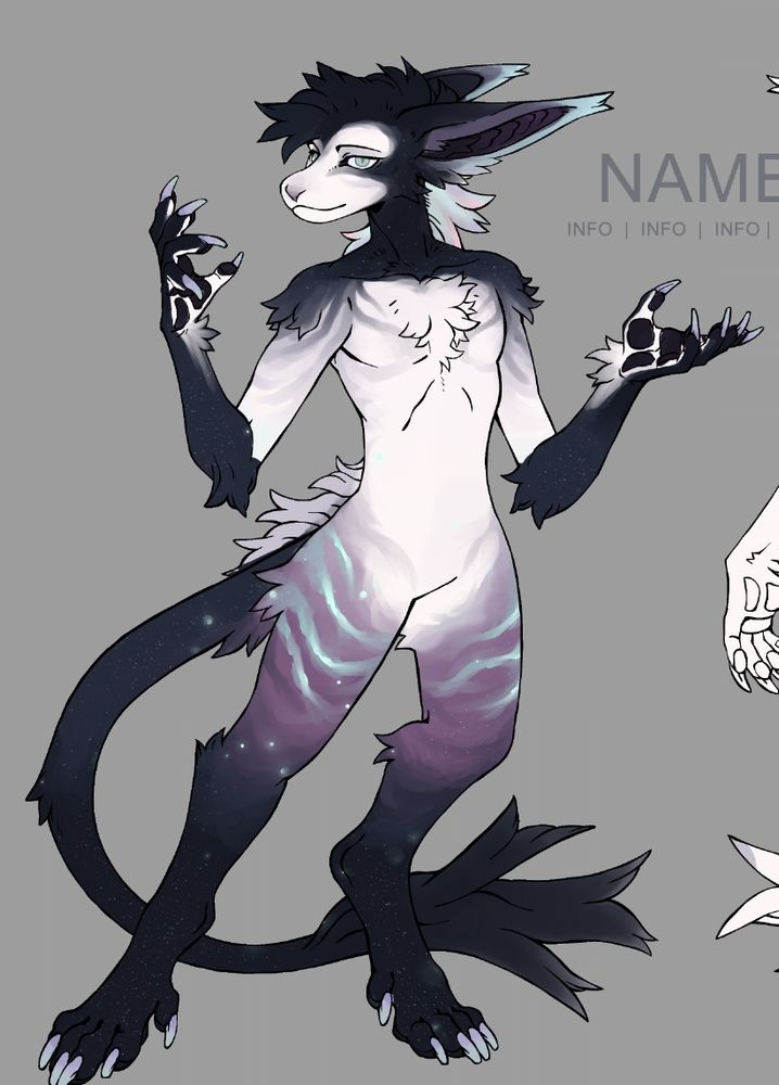 Design for a vernid (fantasy anthro species) on a base by the species creator LiLaiRa. The design looks like a mix of dark cosmic colors and the frosting on a berry pop tart pastry 