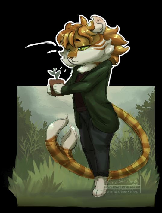 chibi illustration of a twin tailed anthro feline holding a flower pot with a plant in it. The background shows a green meadow with a stormy sky

[ #ArtBunni | #ArtSky | #OCsky | #ArtFight2025 | #TeamFossil | #FurryArt ]