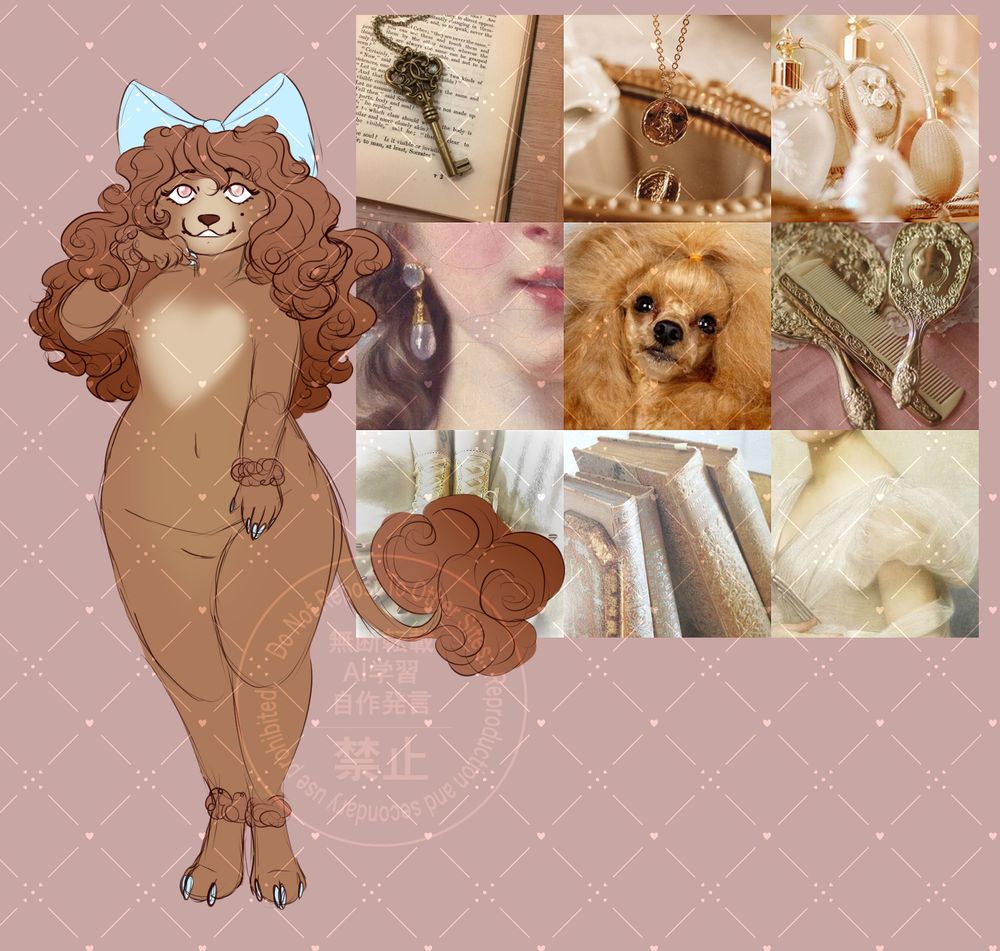 anthro poodle adoptable with brown fur and a blue bow. The adopt is genderless until the owner decides. They are themed after a french belle aesthetic. 
#FurryArt #Adoptable #ArtShop #RenFur #RoyalFur #FantasyFur
