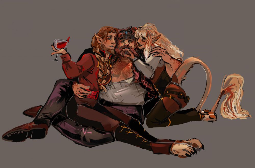 art featuring three fantasy characters sitting. One sits on the lap of the large red head while holding wine. Another holds the face of the red head. They are all romantic