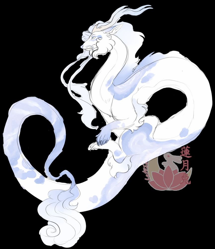 Digital art showing the design of a long (dragon) with pastel blue colors