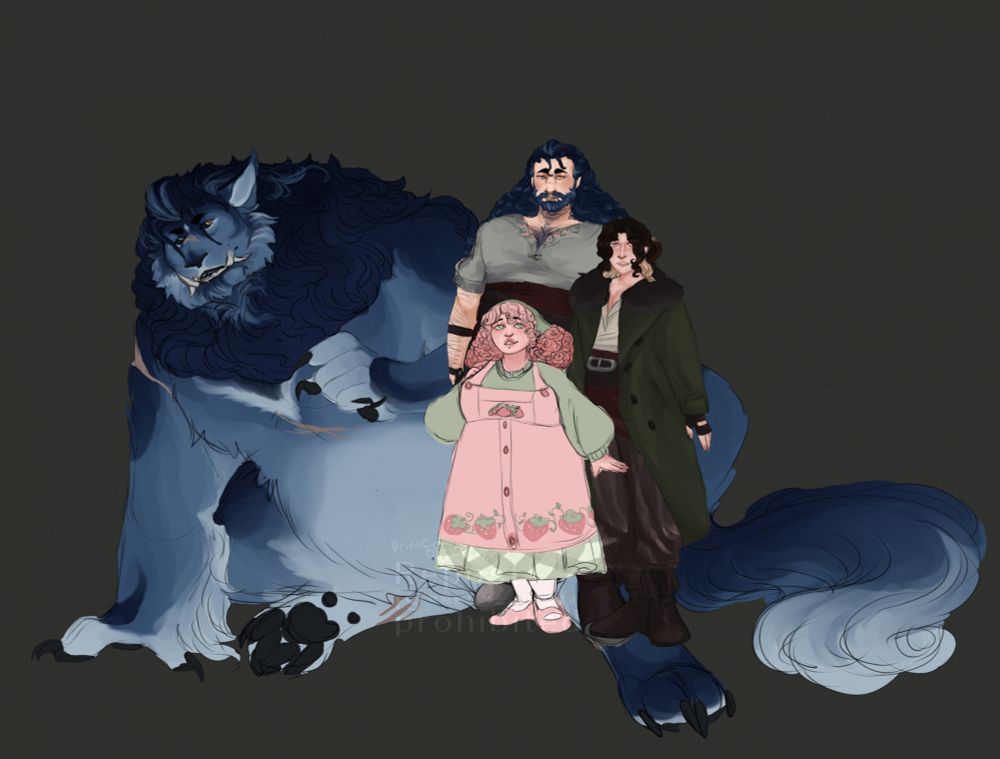 Character line up of a monster, his human form, his wife, and his husband