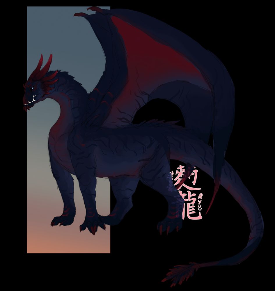 a large dark dragon with faint red marks on his wings and several other points on his body. He has almost ghost stripes

#DnD #Adoptable #ArtShop #Dragon