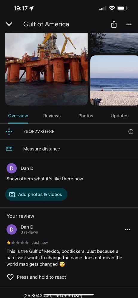 Screenshot of my review of the Google maps now Gulf of America. 