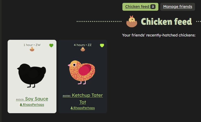 A simple depiction of a little pure black chicken named Soy Sauce, and another little yellow and red chicken named Ketchup Tater Tot. 