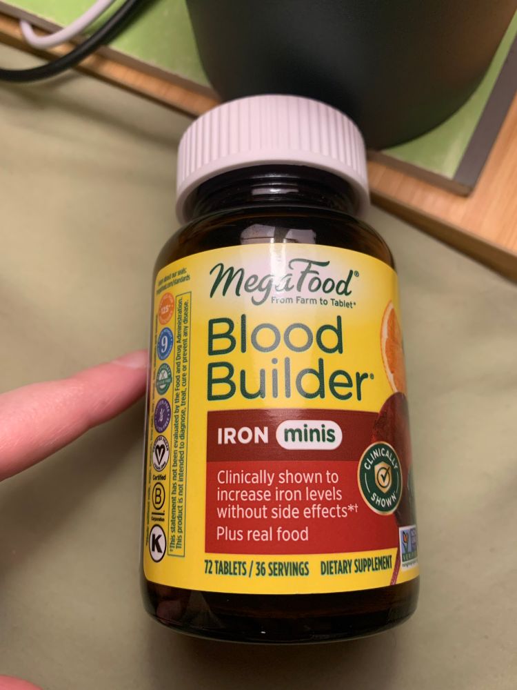 A bottle of MegaFood brand Blood builder Iron supplements. 