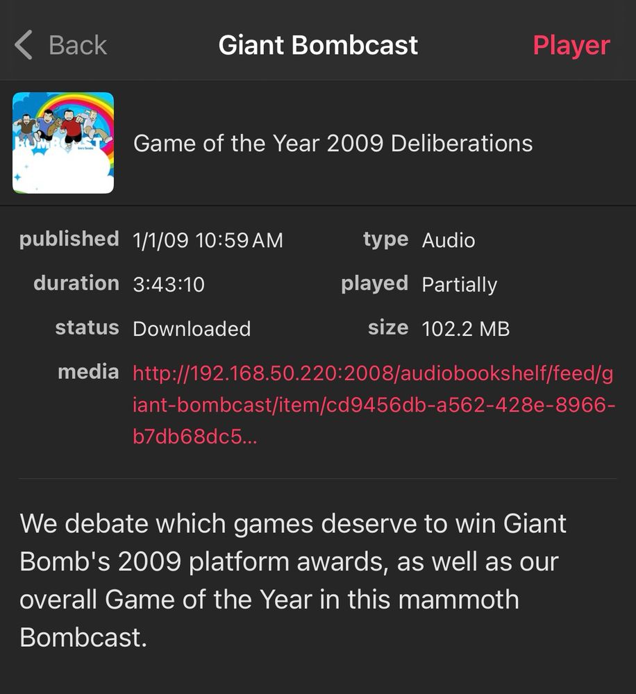 Screenshot of Downcast app on iOS, showing details for one episode. The file was downloaded from a local IP address (192.168.50.220)