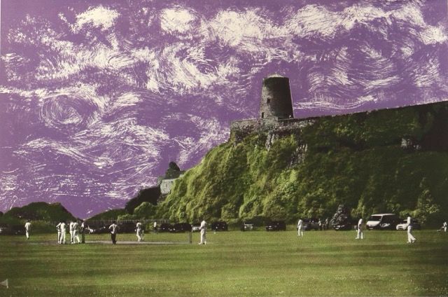 A screen print of a landscape with a cricket match on a green field against the background of a big rocky outcrop with a ruined windmill on top. The sky is full of stormy purple clouds.