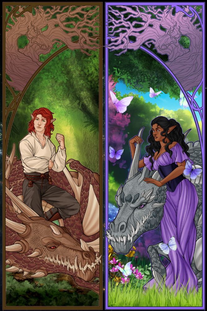 Art nouveau illustration of two characters mentioned in a post. Ruairi is a young fair-skinned redheaded elf. He is dressed in a simple shirt and brown pants. Near him lays his wyvern, Gaotha (brown wyvern with red eyes). Eire is a dark-skinned elf with long black hair. She is dressed in a lavender dress with darker purple corset. Near her is her wyvern Combha (silver scales, lilac eyes).