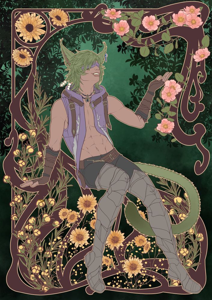 Art nouveau illustration of green-haired male miqo'te sitting among field flowers. Background is done in earthen tones.