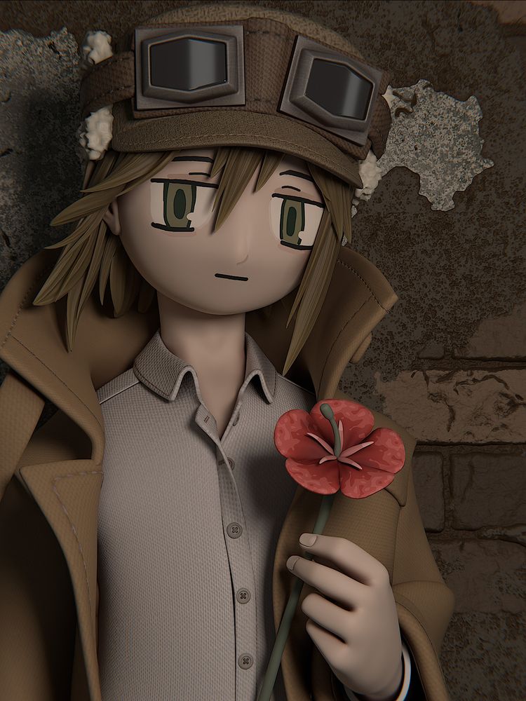 a 3D render of a medium shot of Kino from the manga/anime Kino's journey. They are wearing a trapper's cap strapped with rider's goggles, a white button down shirt and a khaki trench coat. They're holding a red flower and are standing in-front of a brick wall.