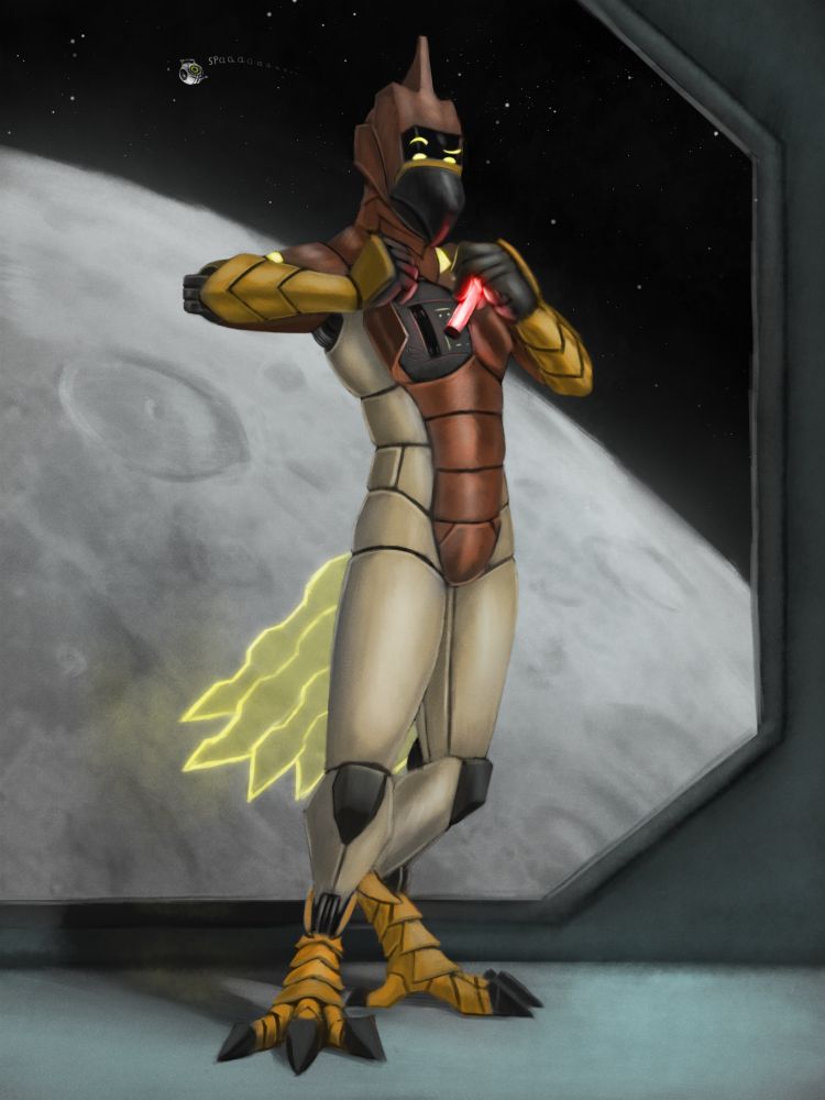 A synth version of chalur inspects on of his powercores from his chest cavity.