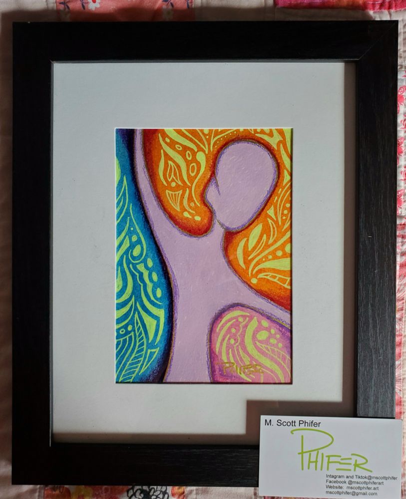 A matted 5x7 original painting in a black 8x10 frame. The painting is a lilac, free-form human shape with intricate scrollwork around it. 
In the lower right corner is the artist's business card: M. Scott Phifer
Instagram & Tiktok @mscottphifer
Website mscottphifer.art
mscottphifer@gmail.com 