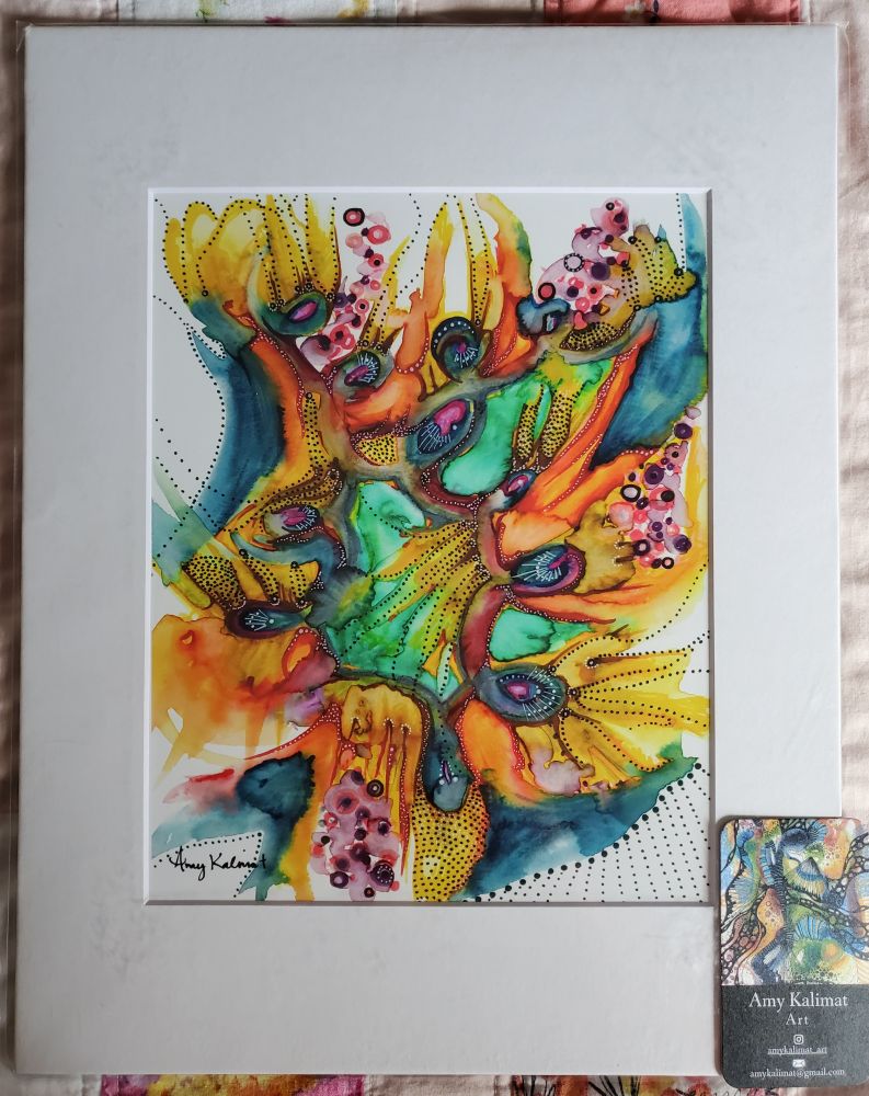 A colorful, 8x10, stream-of-thought painting (print) matted in white. In the lower right corner is the artist's business card: Amy Kalimat Art, Instagram is amykalimat_art, email is amykalimat@gmail.com.