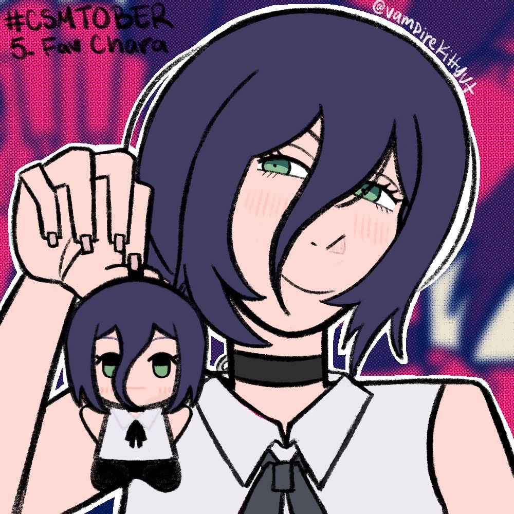 digital redraw of the 24k golden labubu tiktok meme but it’s reze from chainsaw man holding a small reze plush drawn by vampirekittyvt for csmtober day five favorite character golden

reze has purple hair tied into a low bun. She’s got one long bang across her face and a framing bang each side of her face. she has a pale complexion and free eyes. she’s wearing a sleeveless white button up tied with the a black bow. she wears a black choker with a silver ring attached on the side 