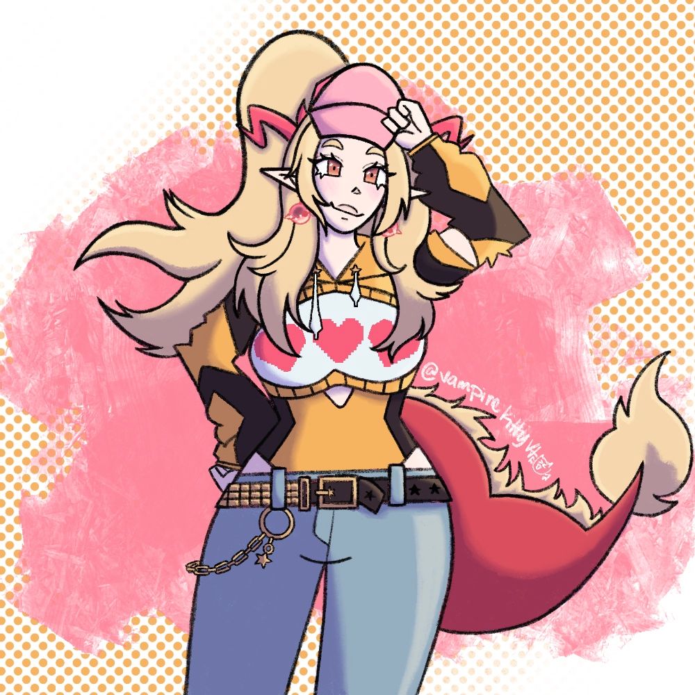half body drawing of comet signal holding her hat and looking to the right drawn by vampirekittyvt as an art fight revenge piece 

comet signal is a humanoid space dragon with pink/red horns and tail. she’s got long blonde hair in a pony tail and wears a pink baseball cap. her outfit is a yellow and black hoodie with pink hearts in the middle. she wears jeans with a belt with gold accents and keychains.
