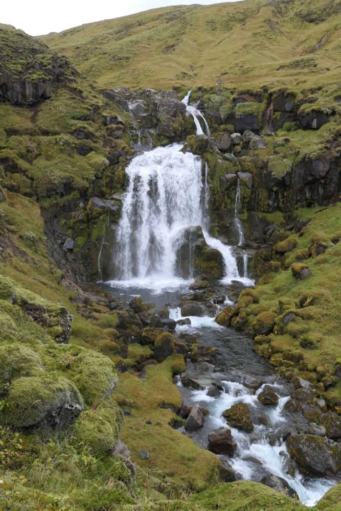 A small waterfall cascading over moss-covered rocks in a lush green valley. Clear water flows gently through the stones below, surrounded by vibrant, untouched nature.