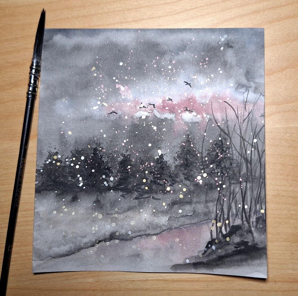 A simple drab landscape with some trees in various shades of grey, some pastel pinks and a hint of very pale blue and brown, with lots of silver, golden and pink shiny splatters on top to reduce the depressing mood. There are a few butchered black lines in the sky that are supposed to be birds. It's all really quite ugly.